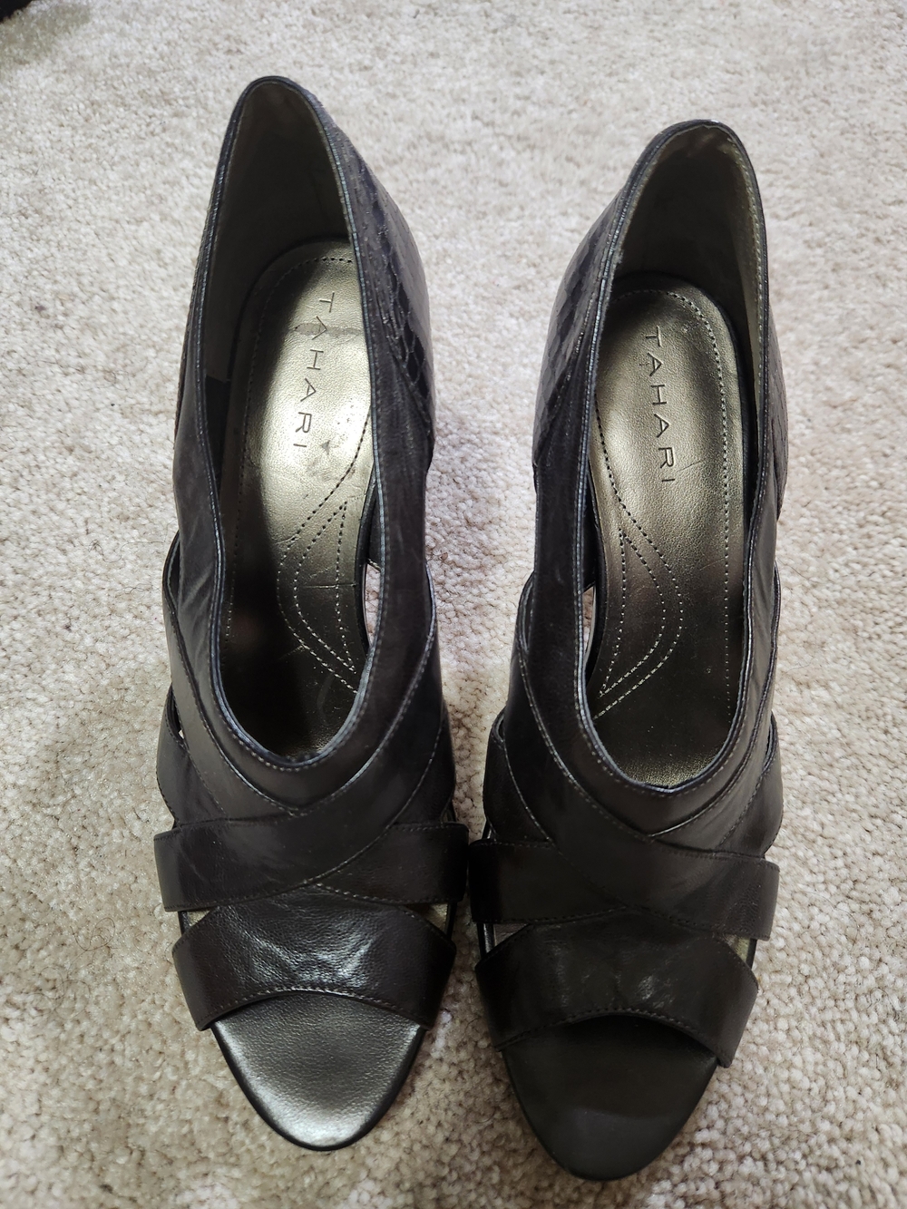 Tahari Bronze Leather Peep-Toe Heels